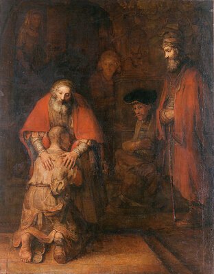 Rembrandt Harmenszoon van Rijn: Die Rückkehr des verlorenen Sohnes (http://upload.wikimedia.org/wikipedia/commons/9/91/Rembrandt_Harmensz._van_Rijn_-_The_Return_of_the_Prodigal_Son.jpg).